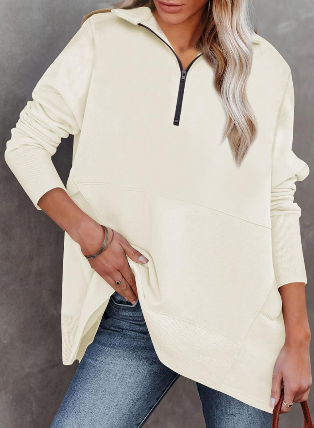 Women's Casual Oversized Half Zip Sweatshirts Long Sleeve Solid Color Pullover Jackets with Pockets(Buy 2 Free Shipping)