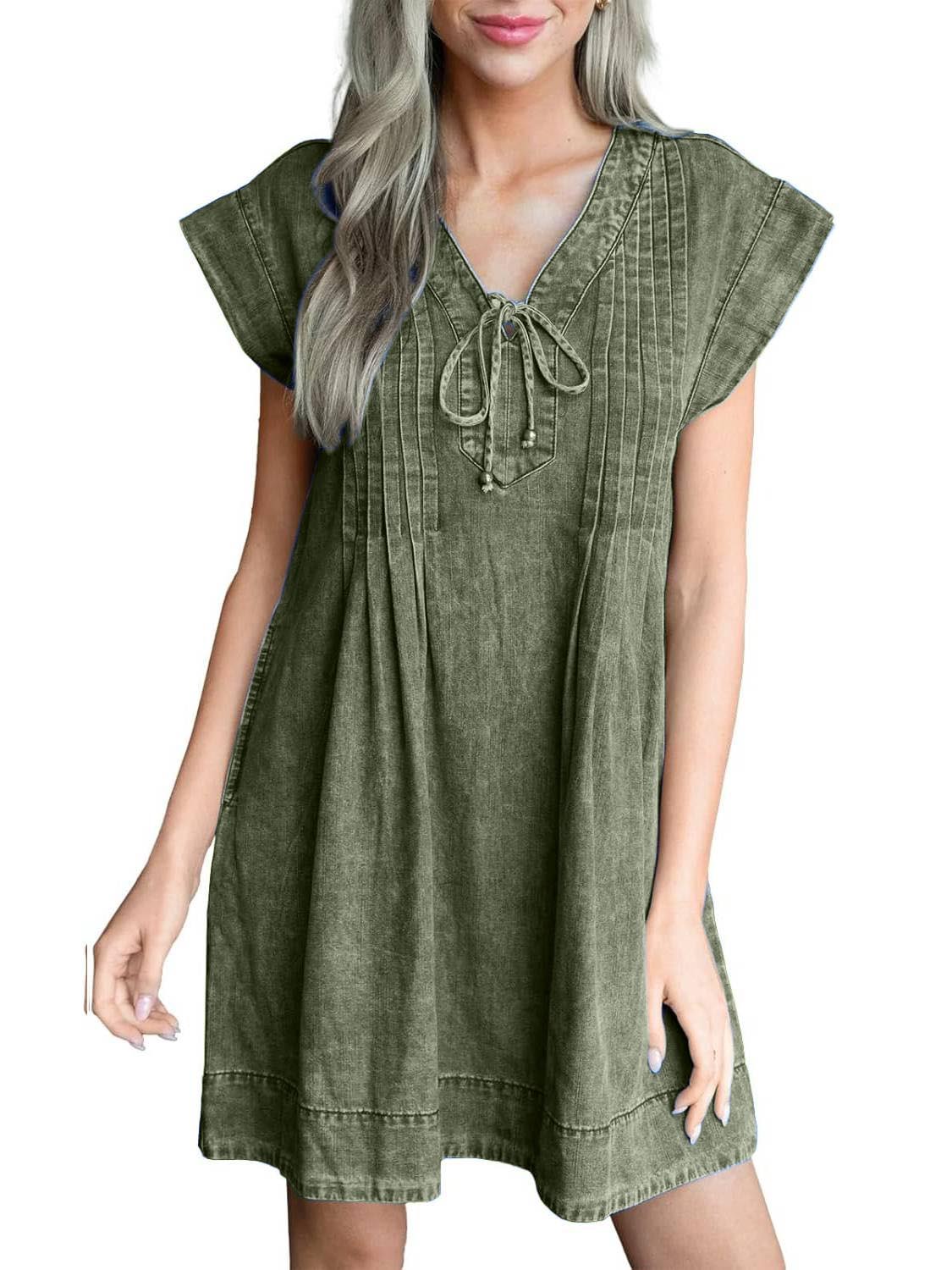 Women's V-neck Pleated Denim Dress With Pockets