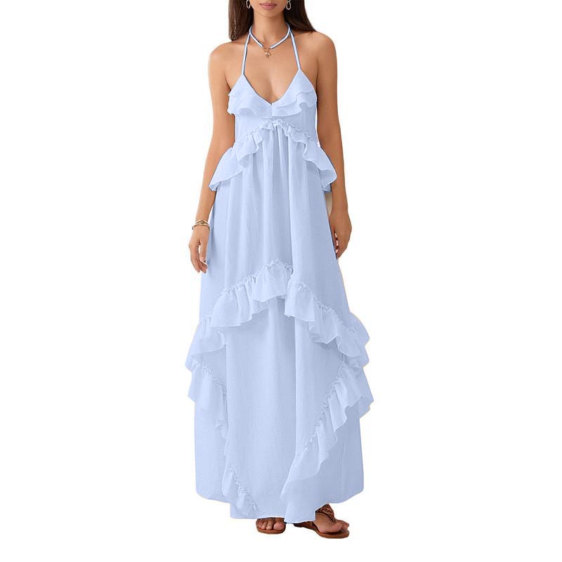 Women Sleeveless Halter Dress Backless Ruffled Summer Swing Dress