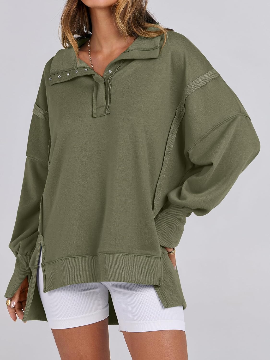 ⏰Hot Sale-Women's Oversized High Low Split Button Up Henley Pullover Top