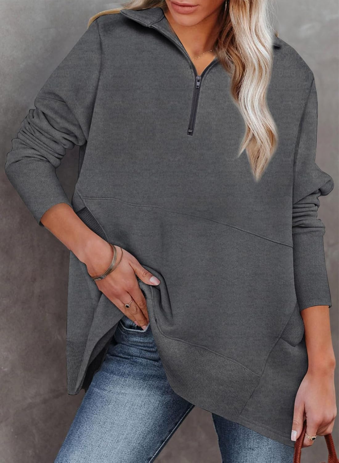 Women's Casual Oversized Half Zip Sweatshirts Long Sleeve Solid Color Pullover Jackets with Pockets(Buy 2 Free Shipping)
