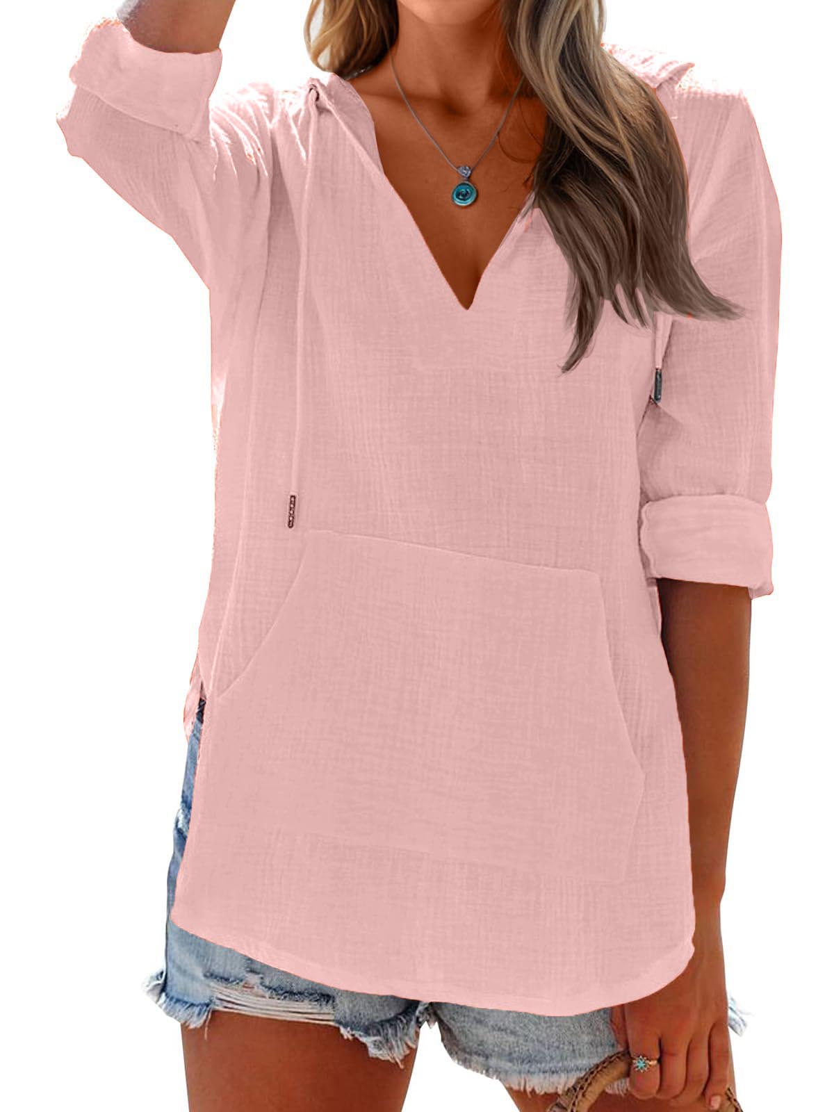 2025 New Women's Long Sleeve V Neck Pocketed Hooded Shirt Top(buy 2 free shipping)