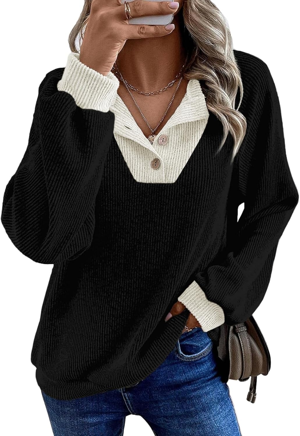 Women's Colorblock Button Up V Neck Long Sleeve Casual Sweatshirts