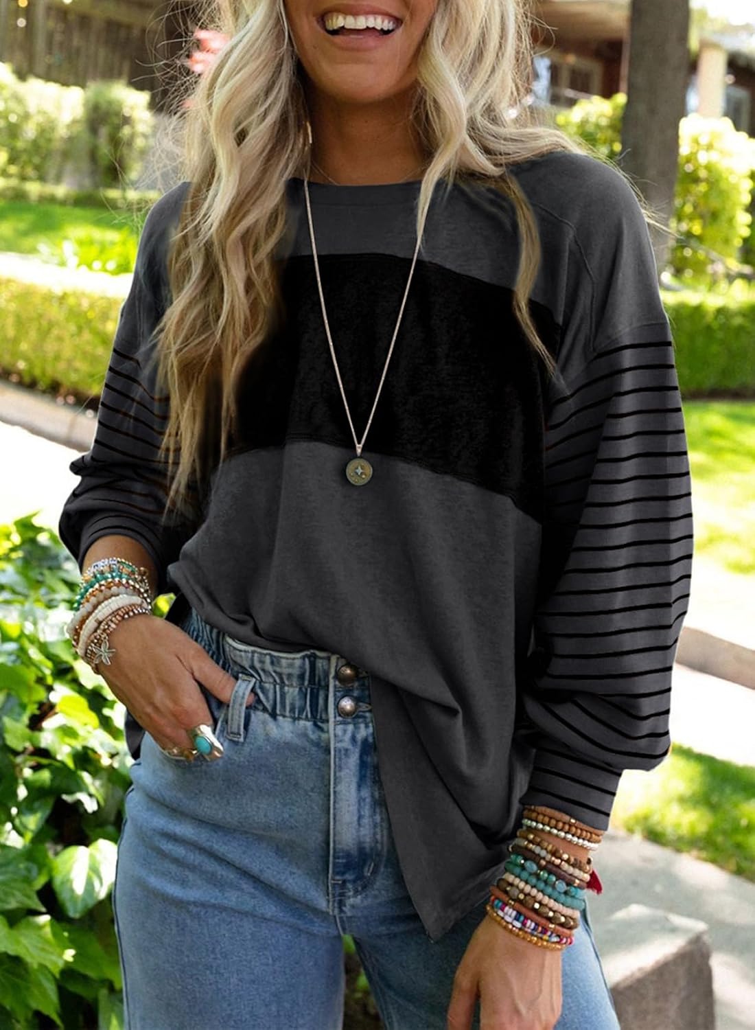 Round Crew Neck Casual Color Block Womens Shirts Blouses (Final Days: Big Savings!!!)