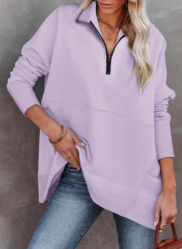 Women's Casual Oversized Half Zip Sweatshirts Long Sleeve Solid Color Pullover Jackets with Pockets(Buy 2 Free Shipping)