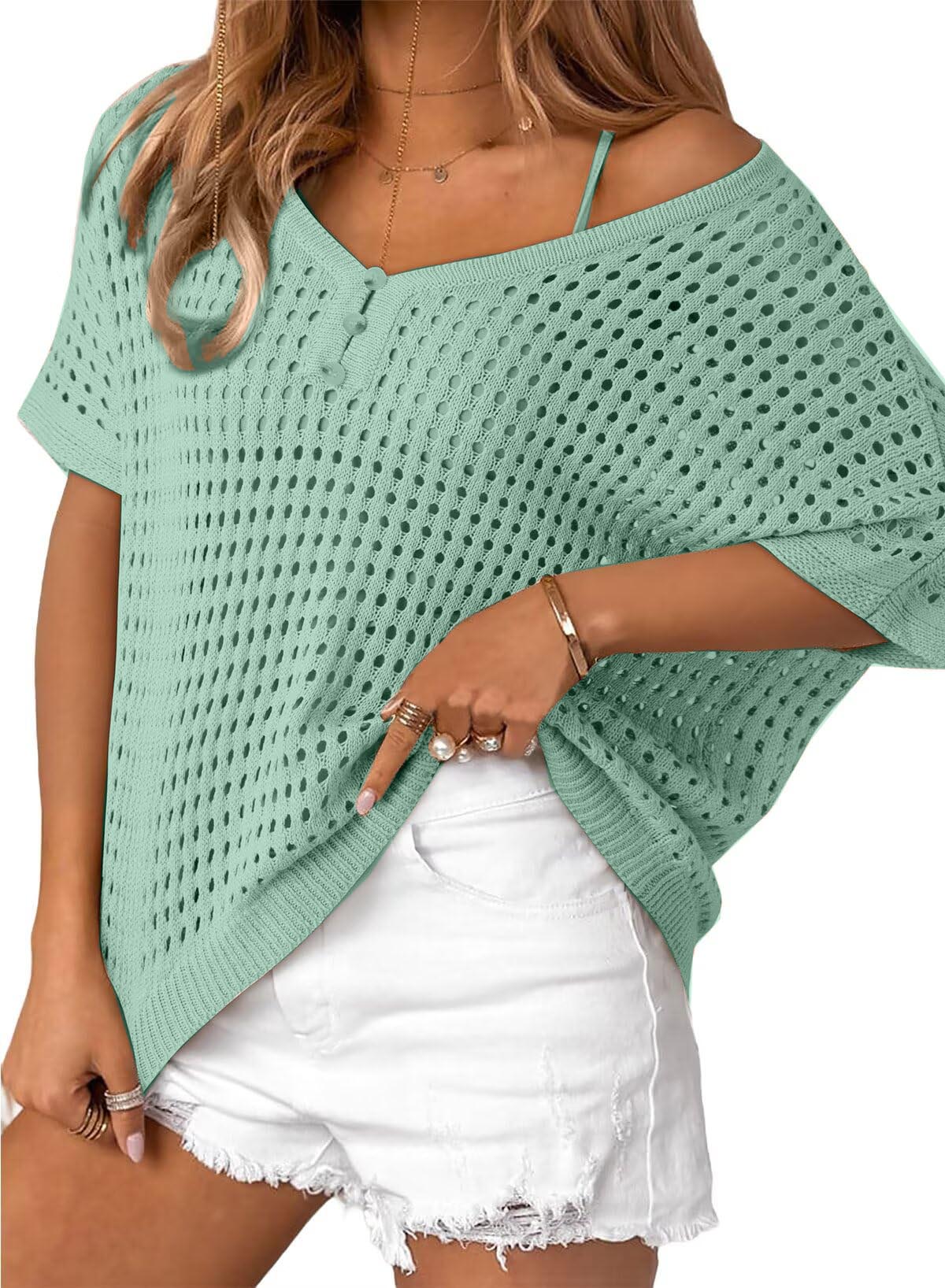 Womens Summer V Neck Short Sleeve Button Down Sweater Casual Crochet Hollow Out Knit Tops Beach Coverup (Buy 2 Free Shipping!!!)
