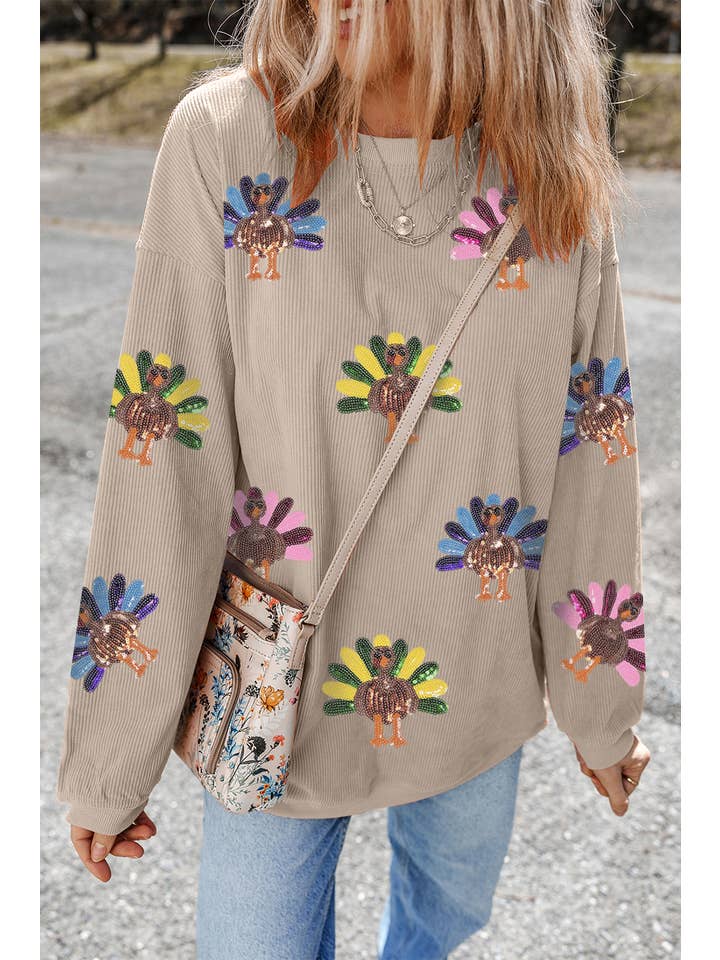 Women's Sequin Turkey Patch Thanksgiving Corduroy Sweatshirt (Buy 2 Free Shipping)