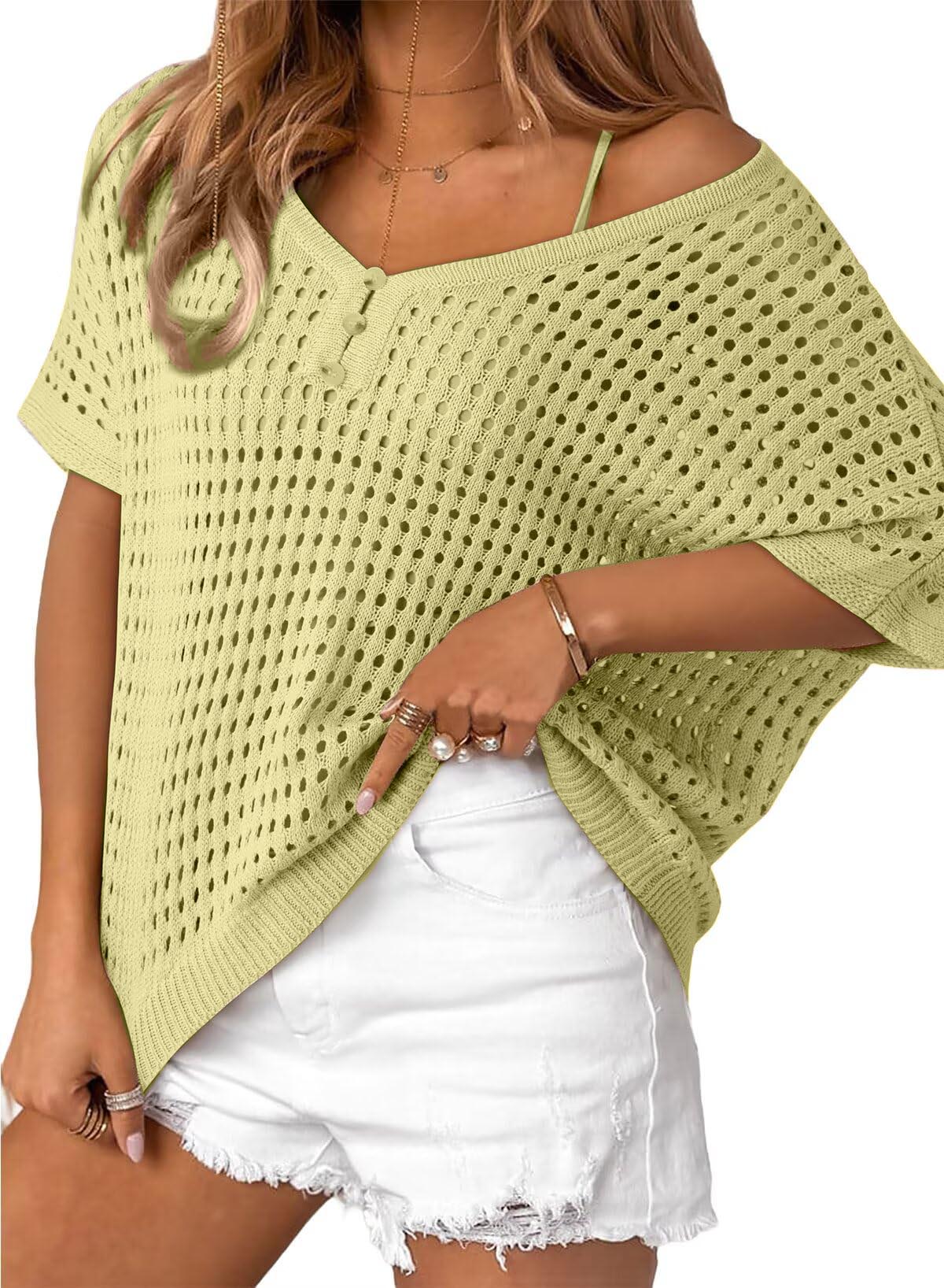 Womens Summer V Neck Short Sleeve Button Down Sweater Casual Crochet Hollow Out Knit Tops Beach Coverup (Buy 2 Free Shipping!!!)