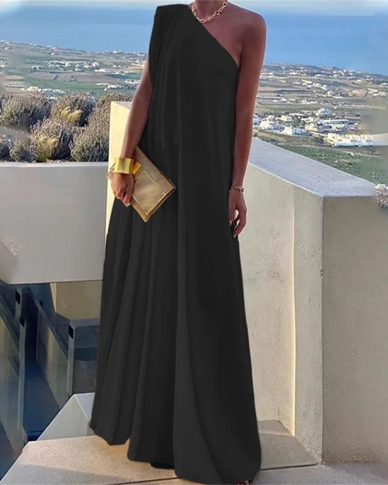 ✨Women's Summer Asymmetric Solid Color Slit One Shoulder Maxi Dress (Buy 2 Free Shipping)
