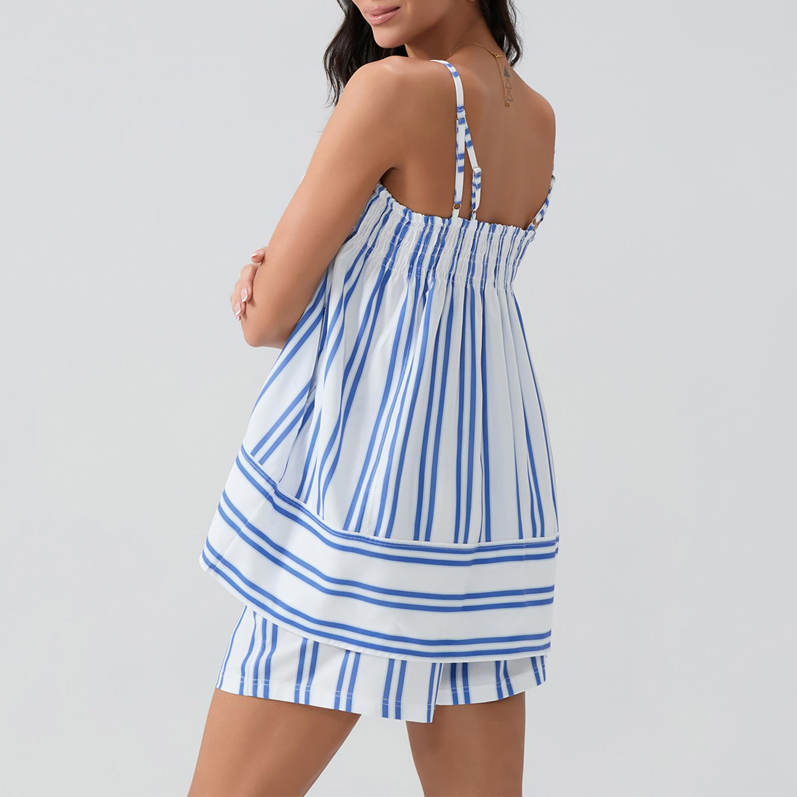 Women 2 Piece Camisole Babydoll Top Tank Striped Boxer Shorts Matching Pjs Outfit Lounge Sets