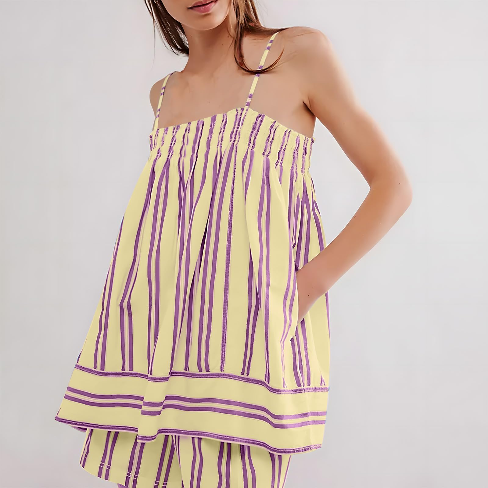 Women 2 Piece Camisole Babydoll Top Tank Striped Boxer Shorts Matching Pjs Outfit Lounge Sets