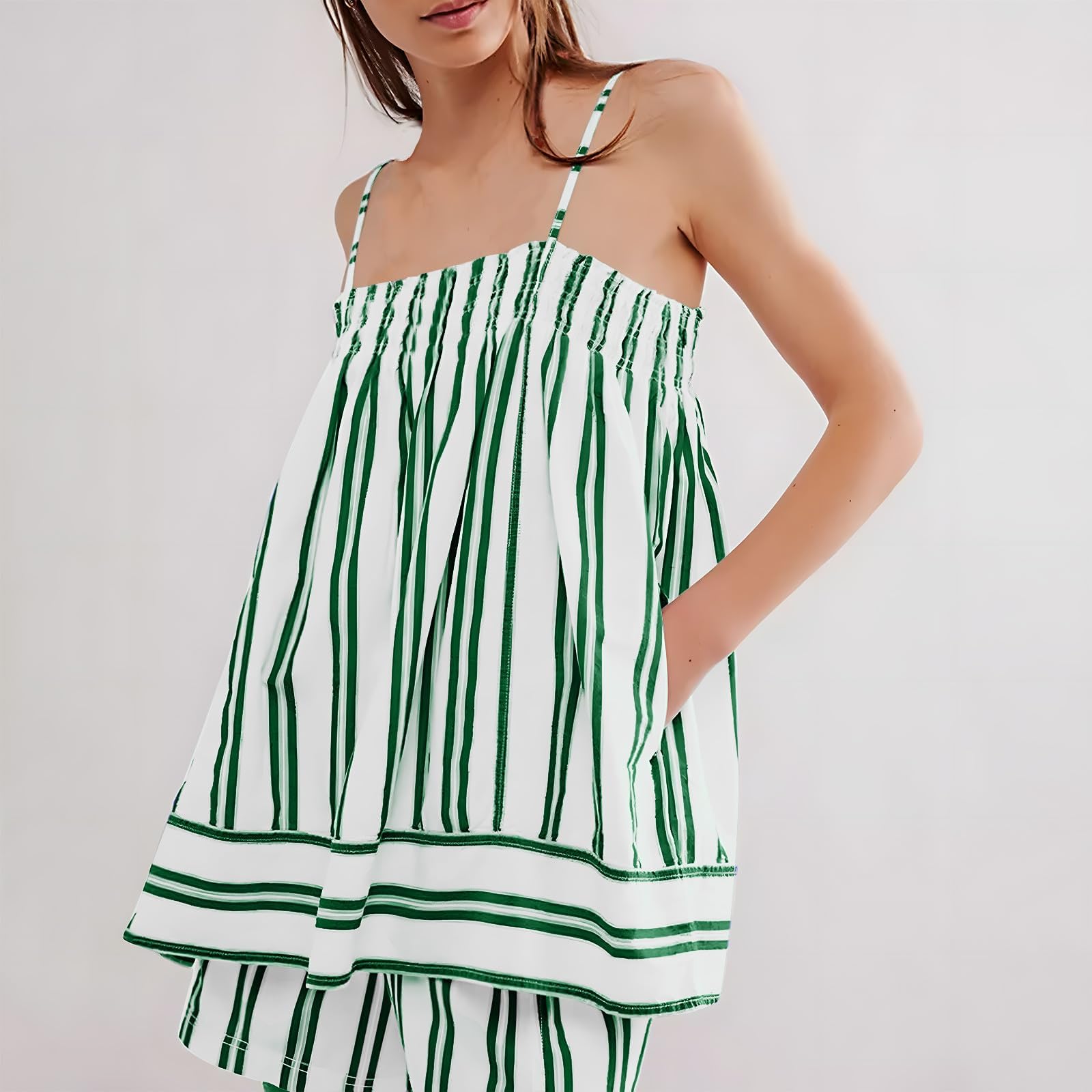 Women 2 Piece Camisole Babydoll Top Tank Striped Boxer Shorts Matching Pjs Outfit Lounge Sets