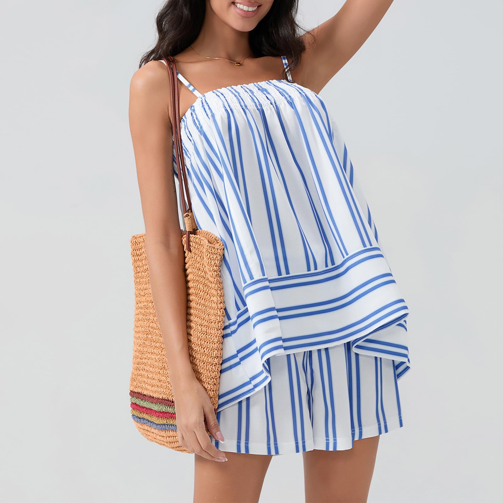 Women 2 Piece Camisole Babydoll Top Tank Striped Boxer Shorts Matching Pjs Outfit Lounge Sets