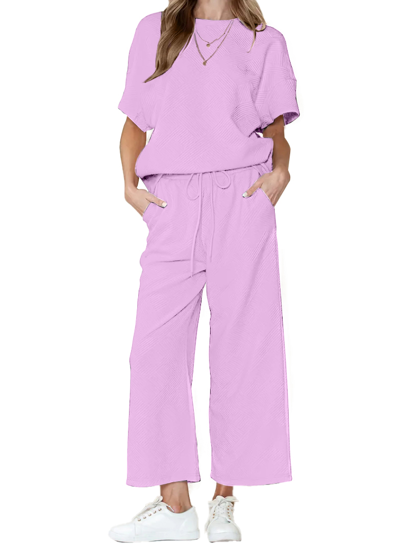 ⏰Hot Sale-Women's Textured Loose Fit T Shirt and Drawstring Pants Casual Set (Buy 2 Free Shipping)