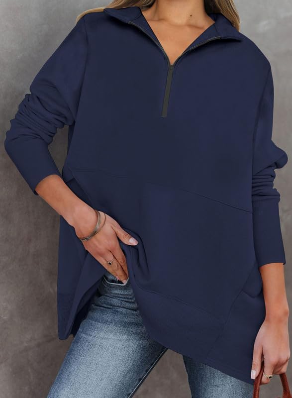 Women's Casual Oversized Half Zip Sweatshirts Long Sleeve Solid Color Pullover Jackets with Pockets(Buy 2 Free Shipping)