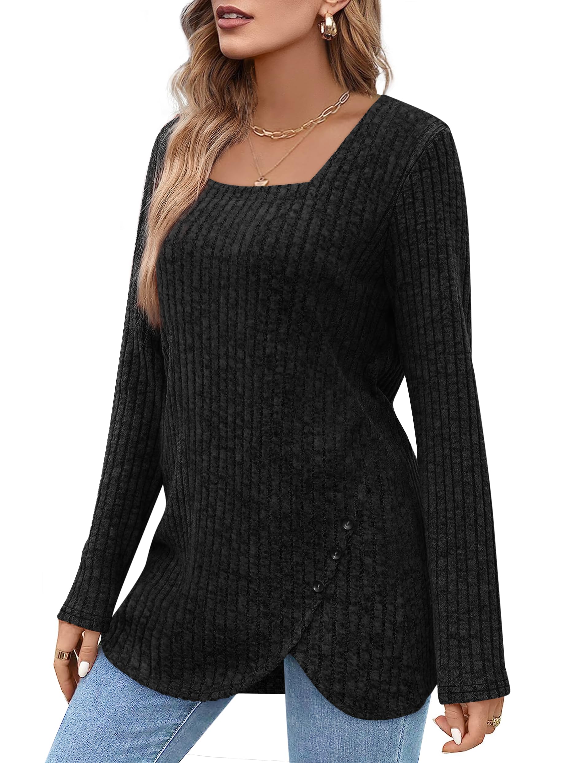 ⏰Hot Sale-2024 Squared Neck Sweater Ribbed Knit Tunic Tee Shirts