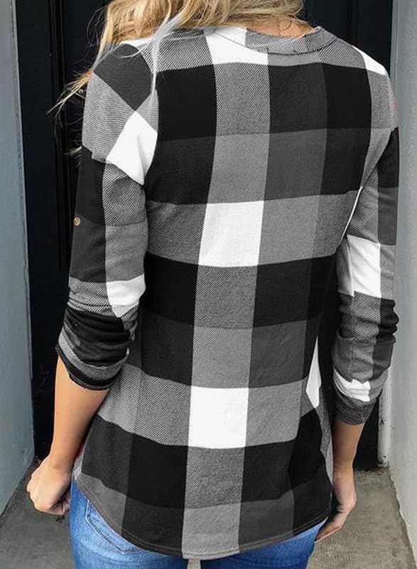2024 New Women's V Neck Plaid Print Cuffed Long Sleeve Shirt(buy 2 10% OFF)