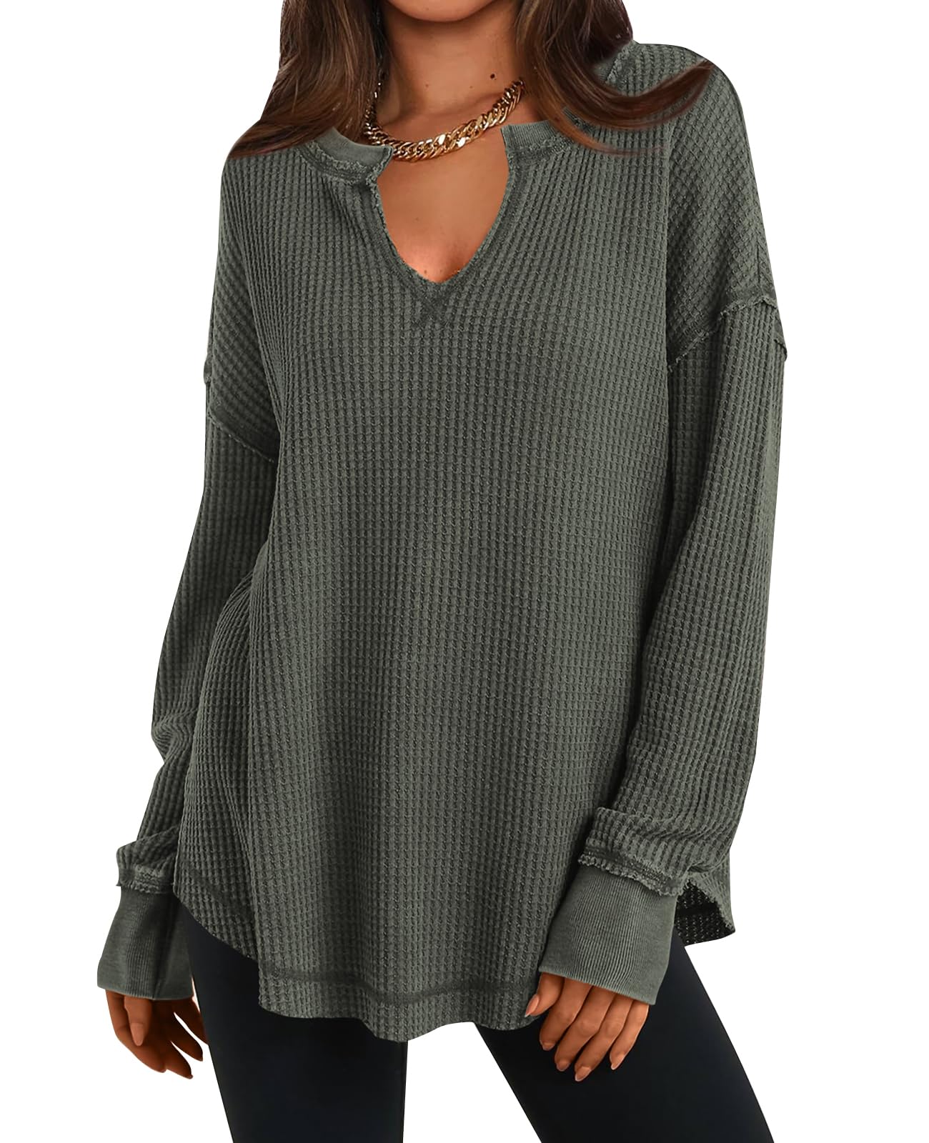2024 New Women's Waffle Knit Exposed Seam Pullover(buy 2 10% OFF)