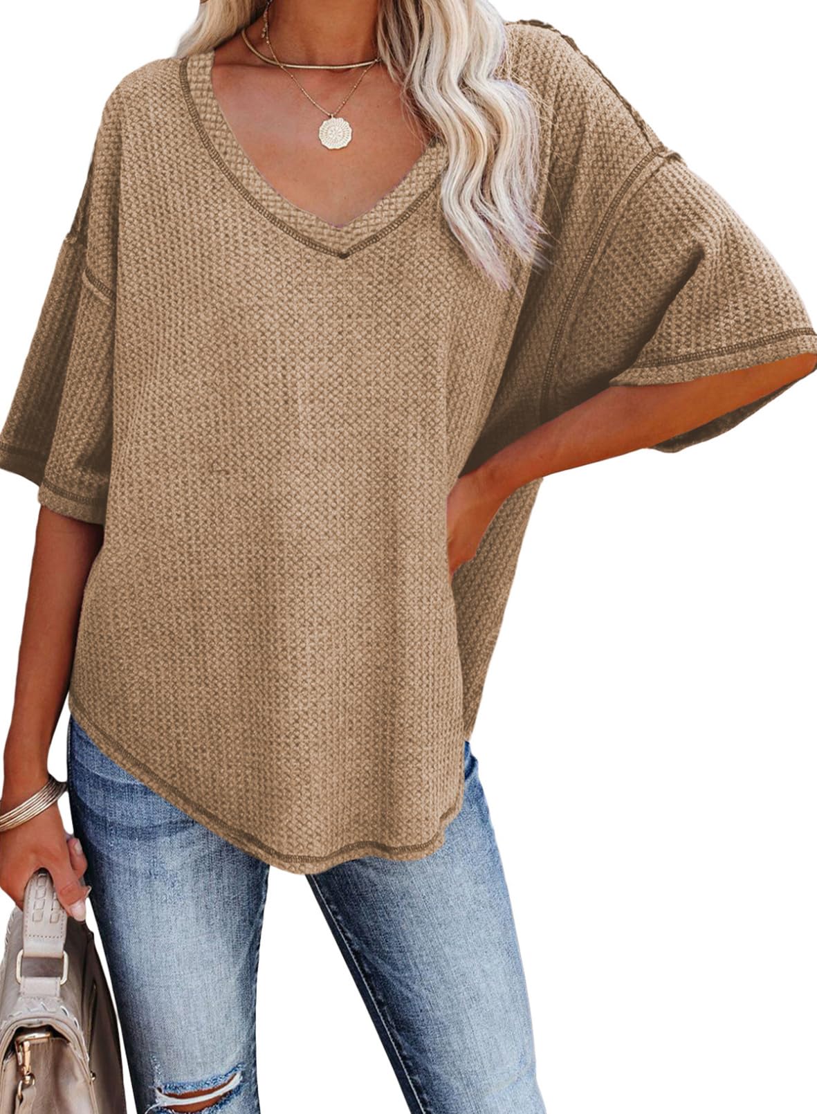 2025 New Women's Causual V Neck Short Sleeve Shirts Waffle Knit Loose Tunic Tops(buy 3 free shipping)