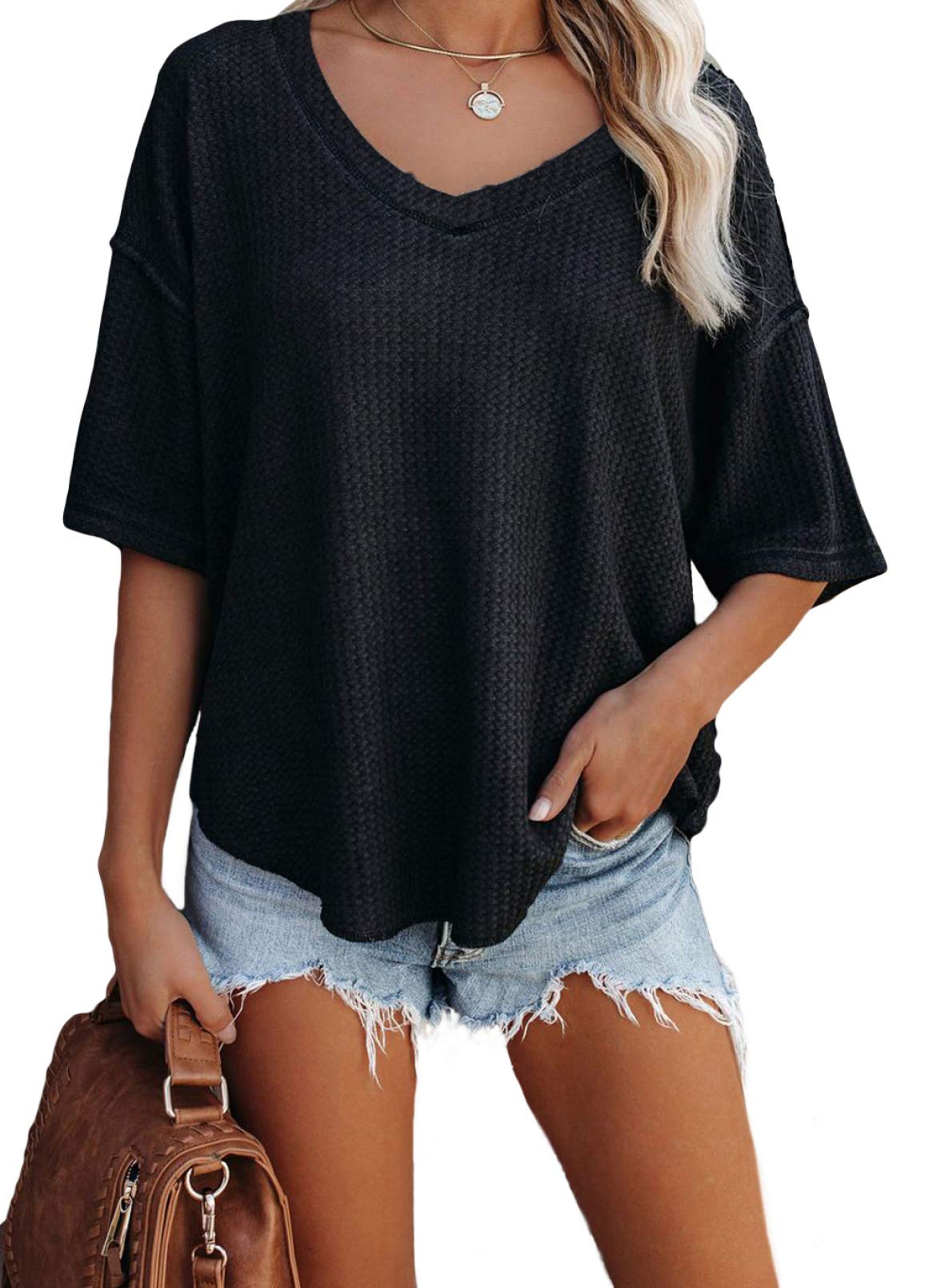 2025 New Women's Causual V Neck Short Sleeve Shirts Waffle Knit Loose Tunic Tops(buy 3 free shipping)