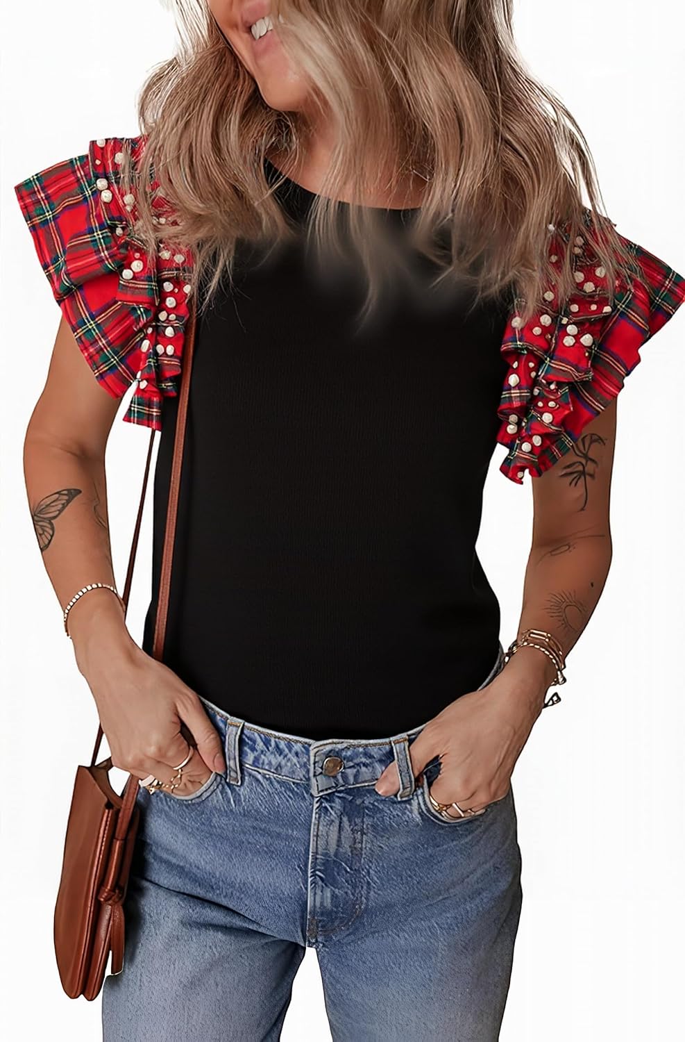 Womens Ruffle Short Sleeve Plaid Pearl Tops