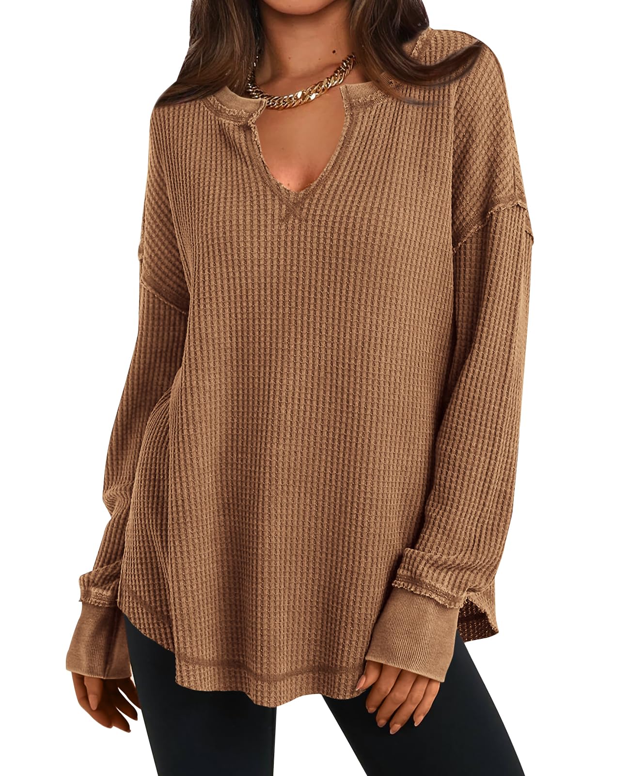 2024 New Women's Waffle Knit Exposed Seam Pullover(buy 2 10% OFF)