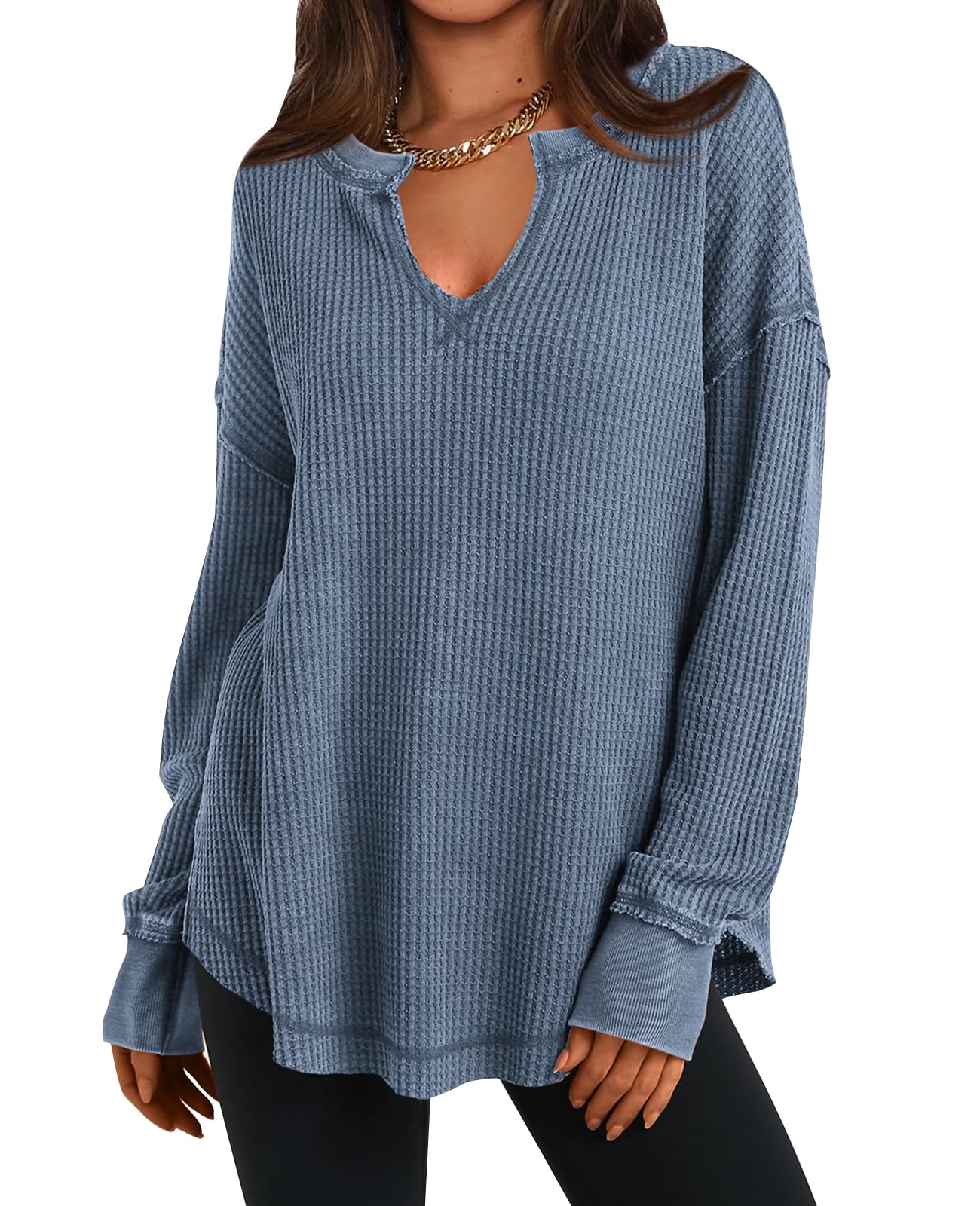 2024 New Women's Waffle Knit Exposed Seam Pullover(buy 2 10% OFF)