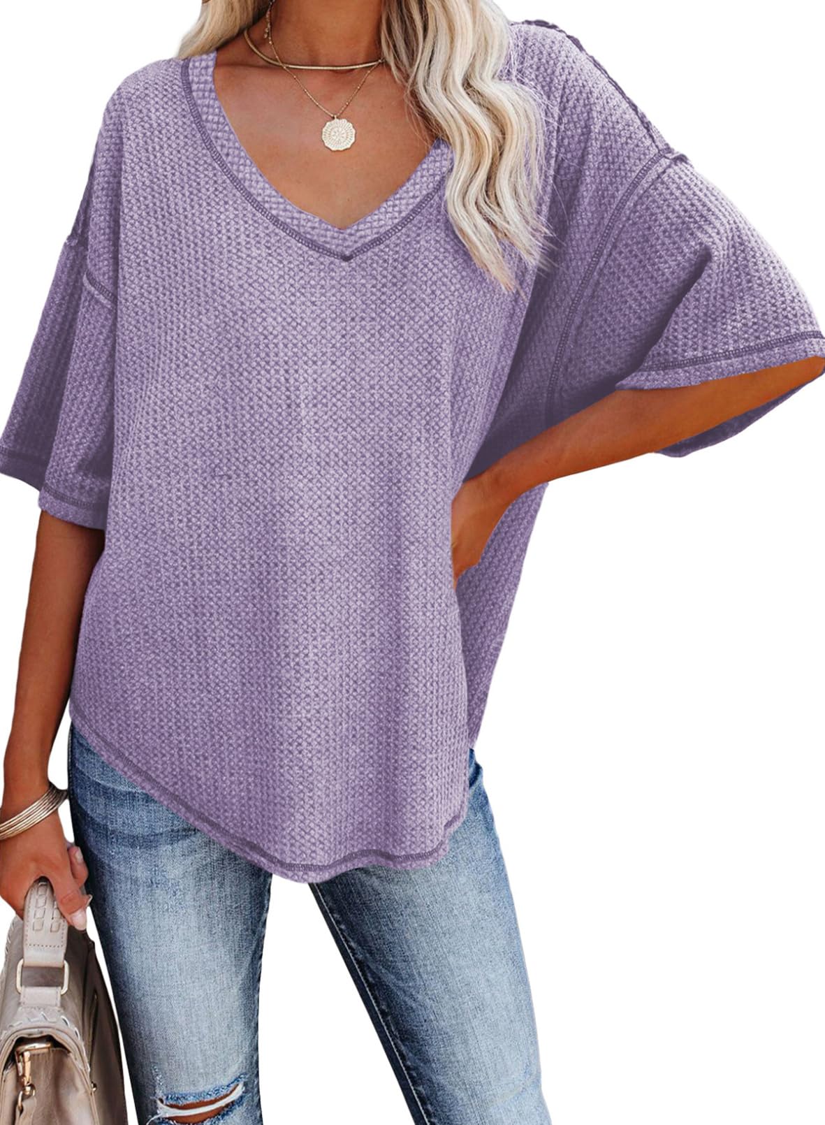 2025 New Women's Causual V Neck Short Sleeve Shirts Waffle Knit Loose Tunic Tops(buy 3 free shipping)