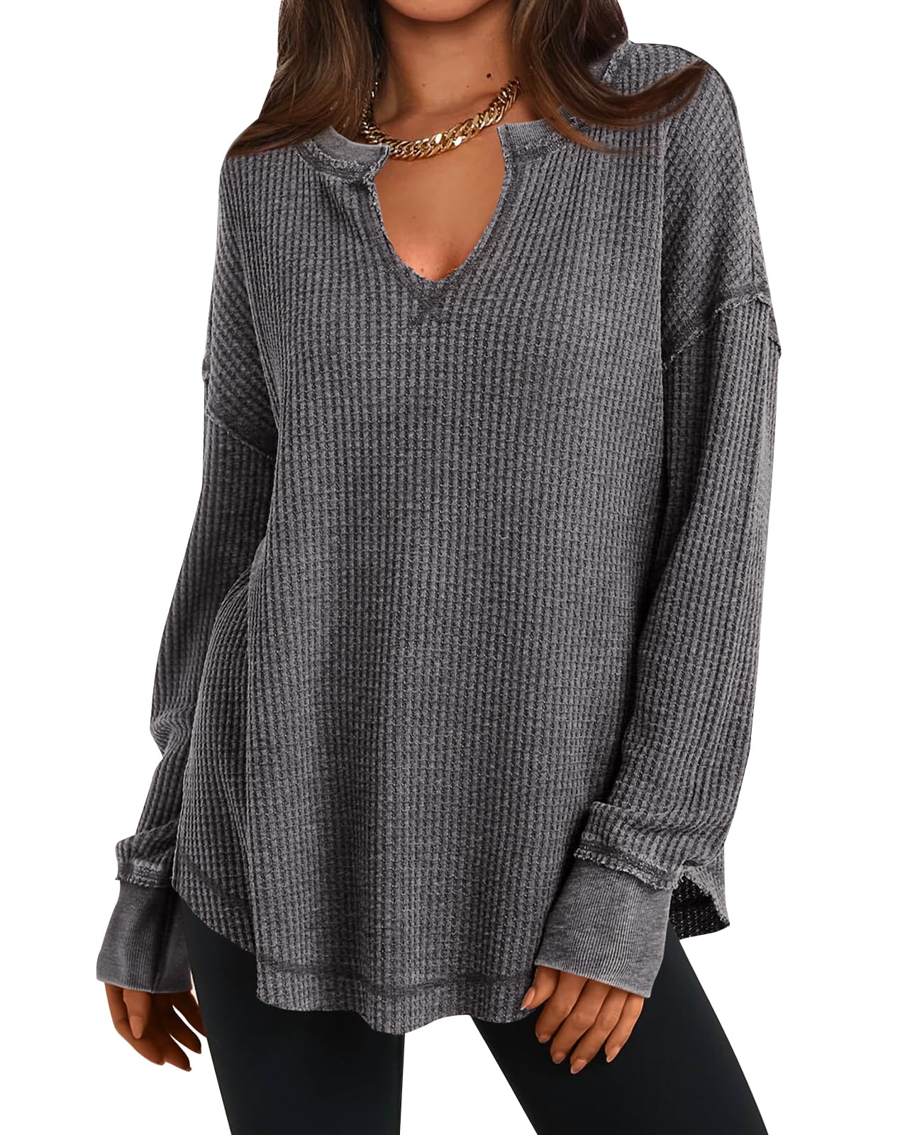 2024 New Women's Waffle Knit Exposed Seam Pullover(buy 2 10% OFF)