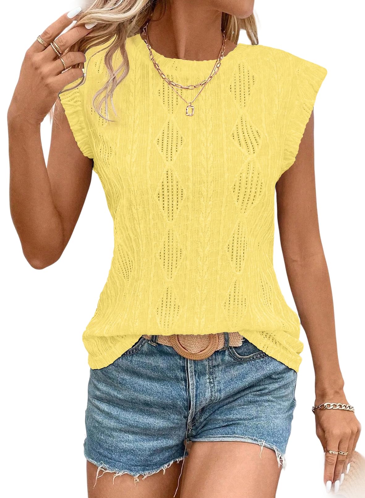 2025 New Women's Cap Sleeve Lightweight Crochet Knit Texture Top(buy 2 10% OFF)