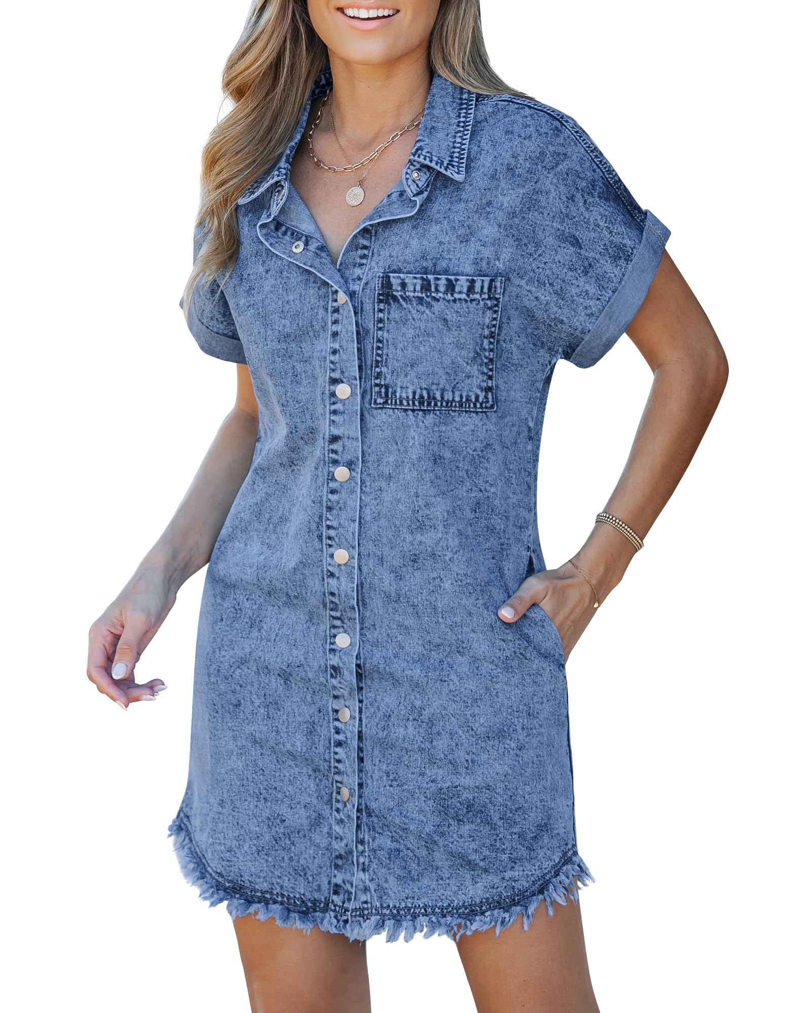 2025 New Women's Button Down Short Sleeves Frayed Hem Casual Jean Shirt Dresses with Pockets(buy 2 free shipping)