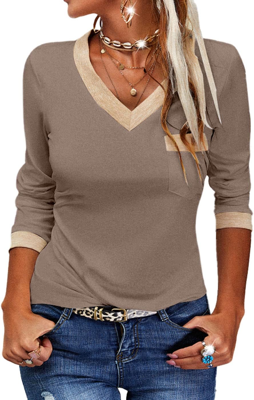 Womens Long Sleeve T Shirts Casual V Neck Color Block Tunic Tops