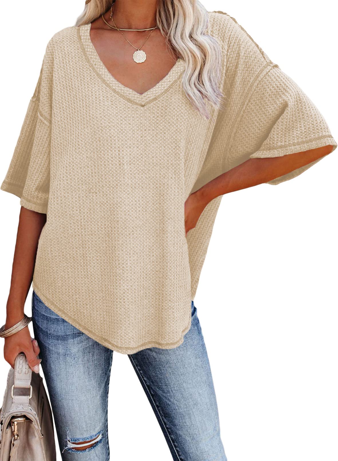2025 New Women's Causual V Neck Short Sleeve Shirts Waffle Knit Loose Tunic Tops(buy 3 free shipping)