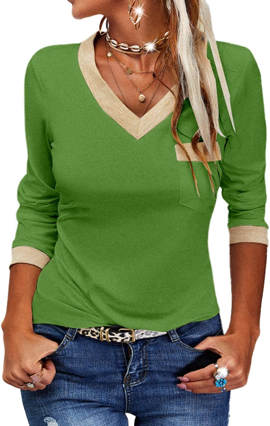 Womens Long Sleeve T Shirts Casual V Neck Color Block Tunic Tops