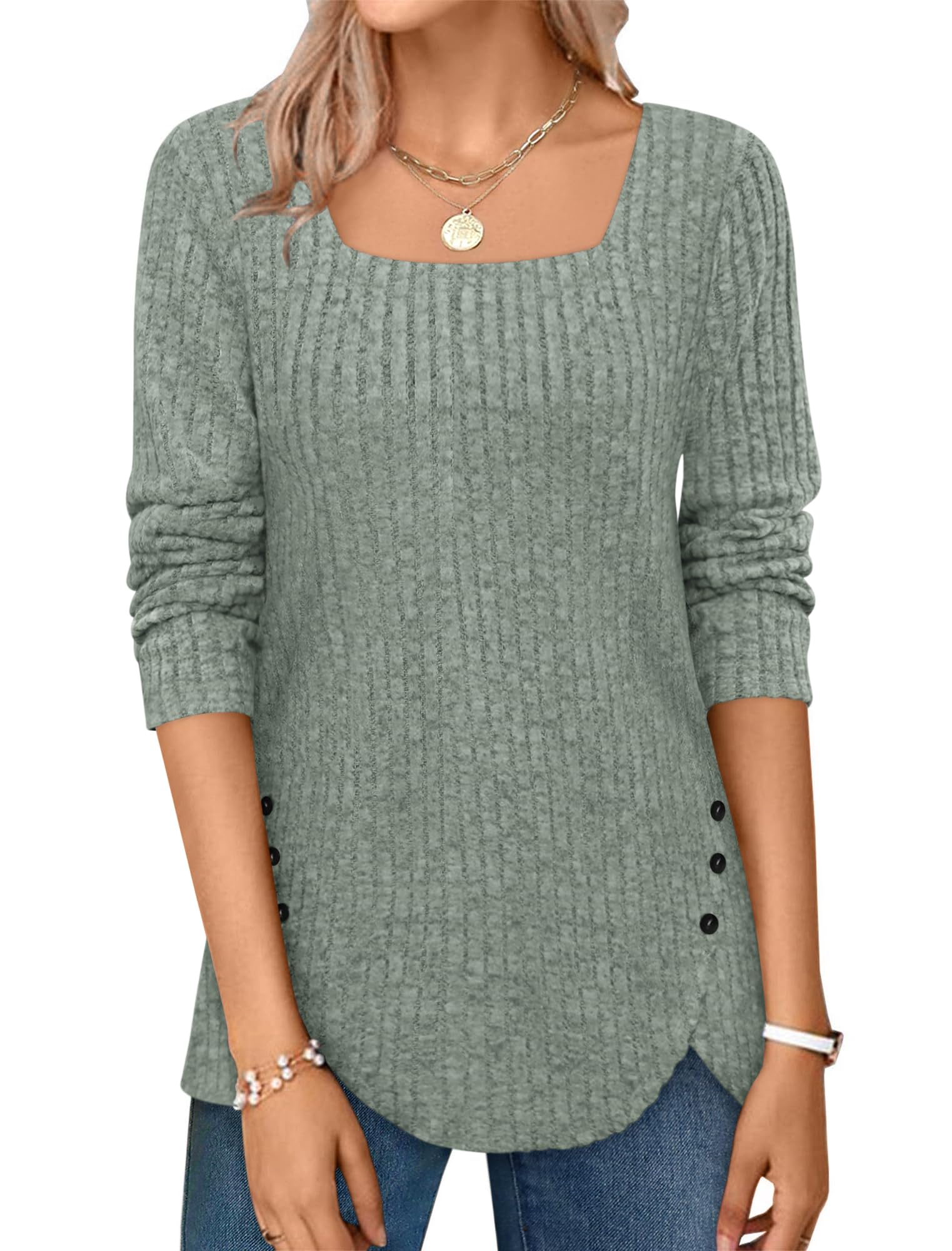 ⏰Hot Sale-2024 Squared Neck Sweater Ribbed Knit Tunic Tee Shirts