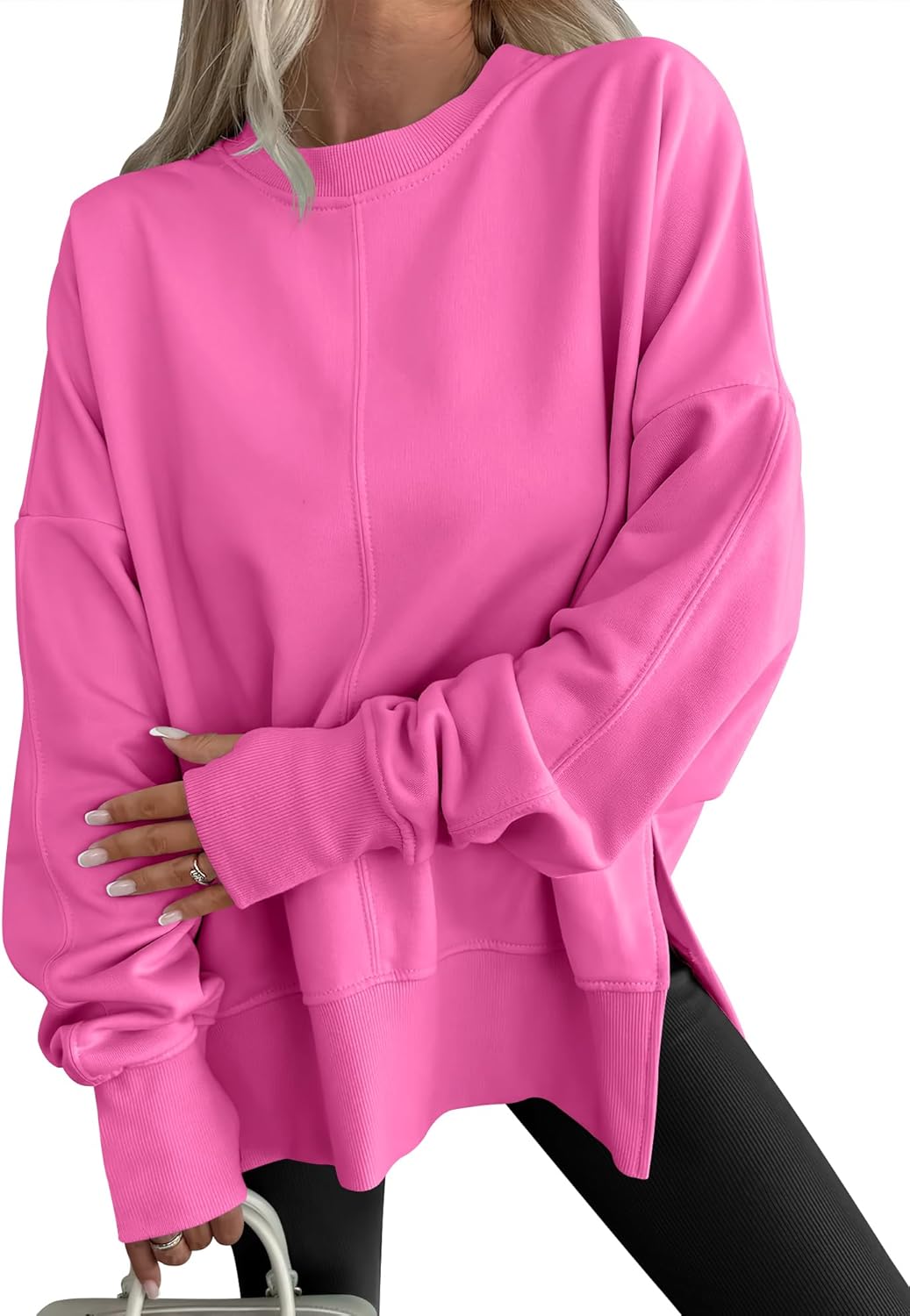 Womens Oversized Thumbhole Long Sleeve Side Slit Pullover Top