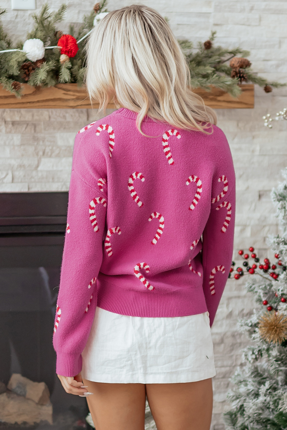 Womens Christmas Candy Cane Holiday Drop Shoulder Sweater