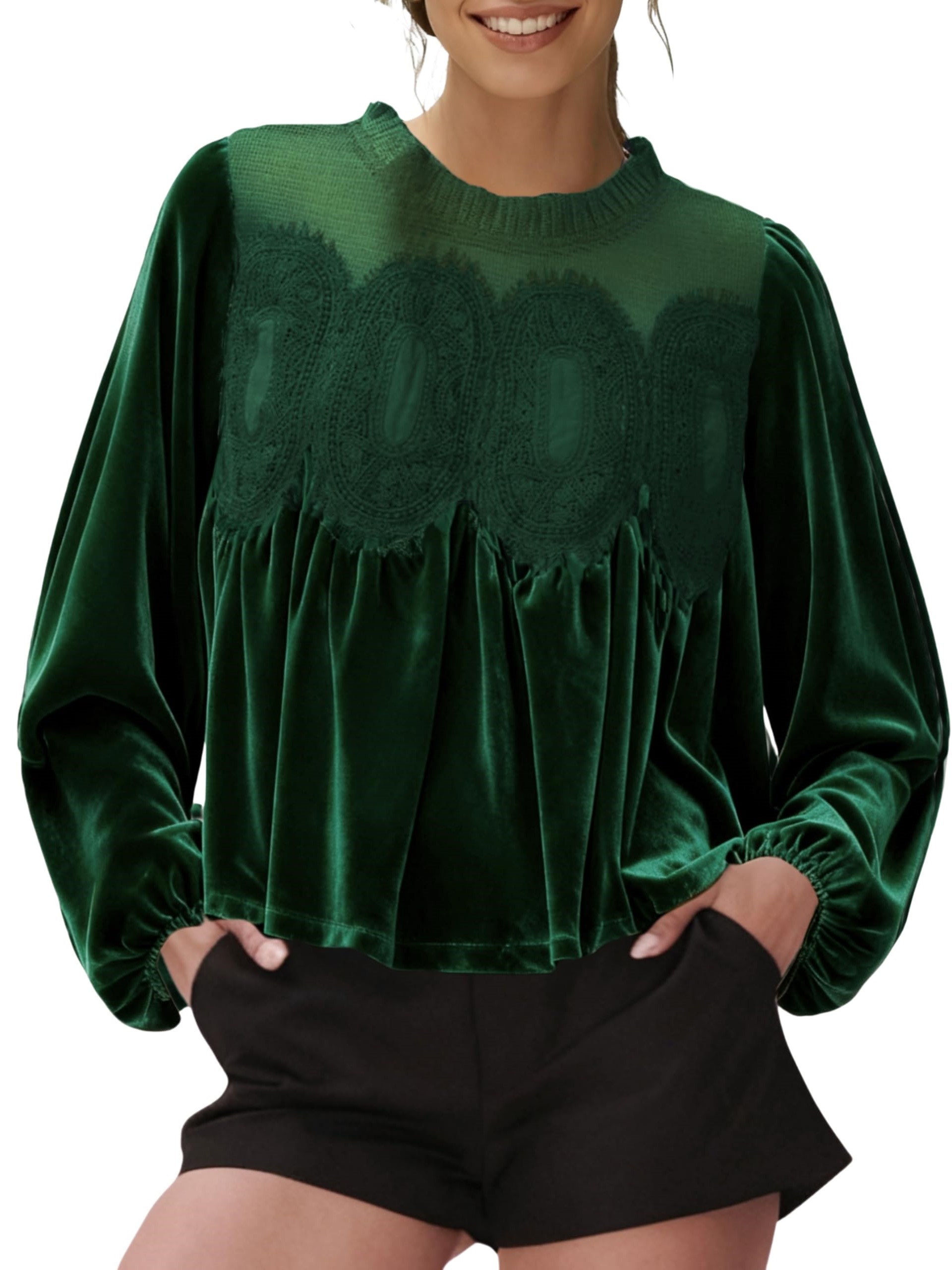 Women's Round Neck Long Sleeve Velvet Trim Lace Blouse