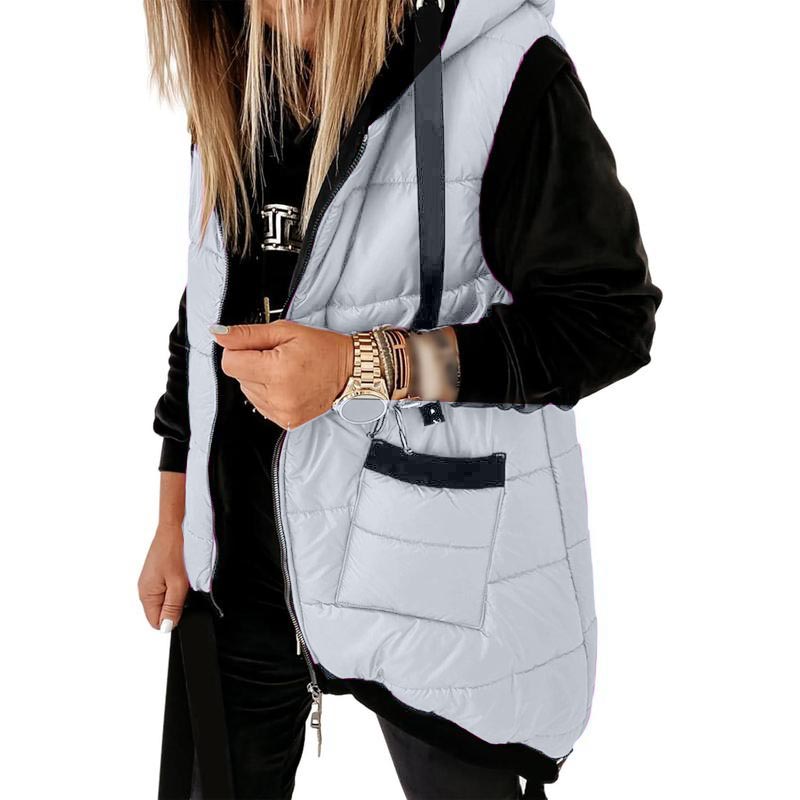 Women's Hooded Puffer Long Vest Lightweight Zipper Up Padded Gilet With Pocket