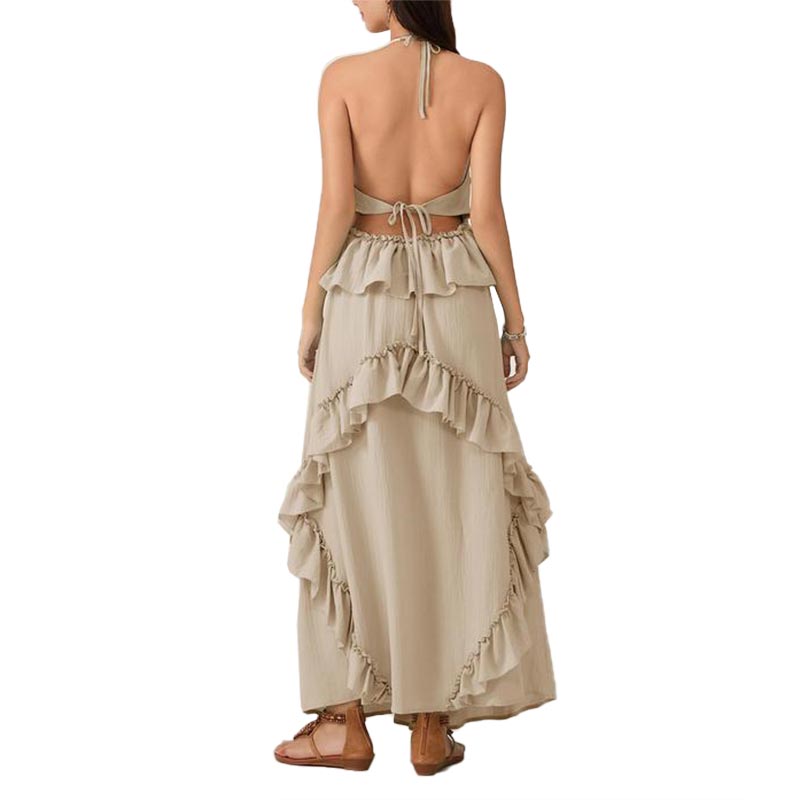Women Sleeveless Halter Dress Backless Ruffled Summer Swing Dress