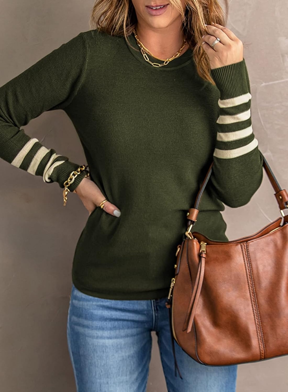 Women's Casual Crew Neck Striped Sleeve Knit Sweaters
