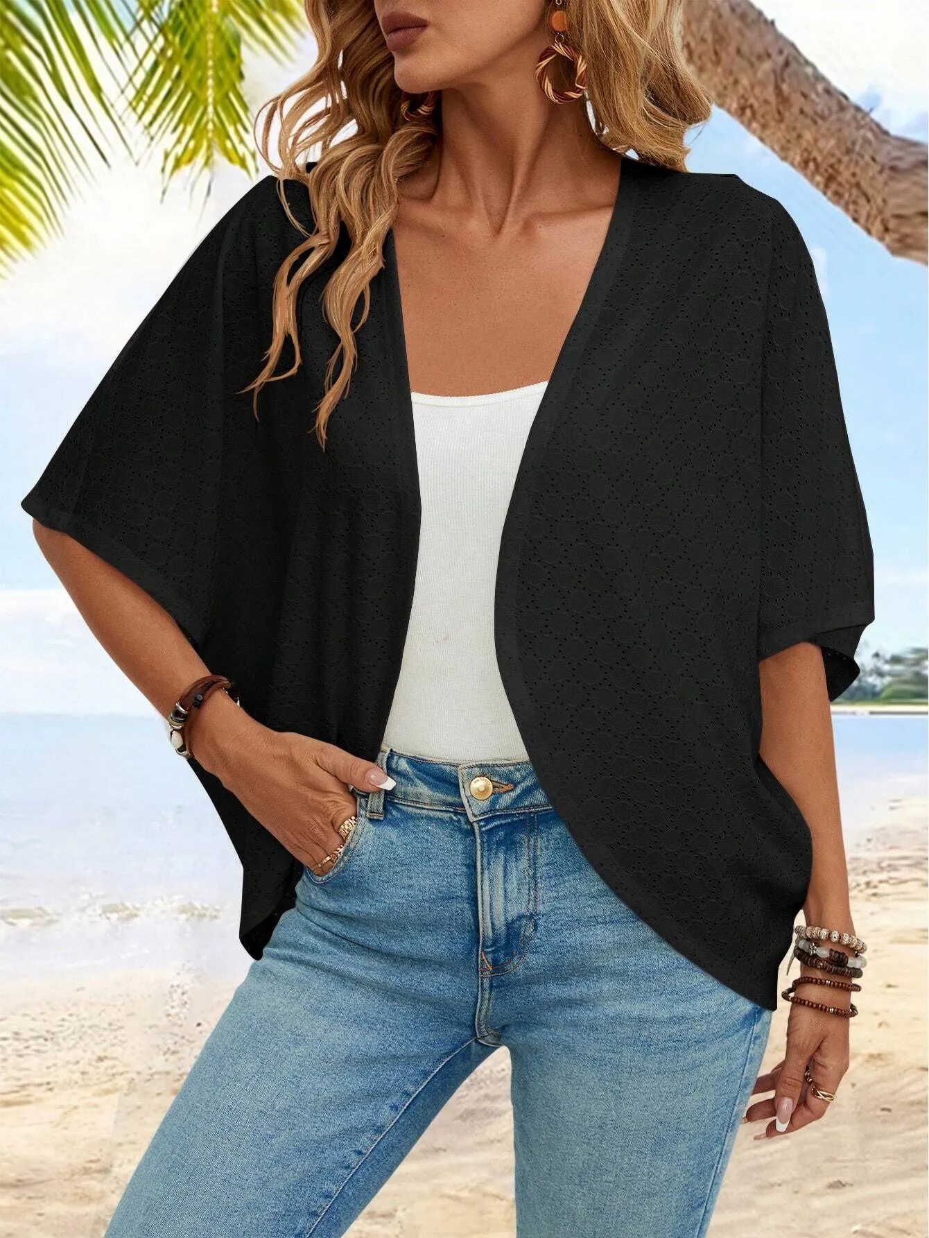 Women's Casual Lightweight Half Sleeve Hollow Cardigan