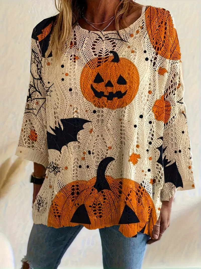 Halloween Crew Neck Pumpkin Loose Fit Long Sleeve Cutout Sweater(BUY 2 FREE SHIPPING)