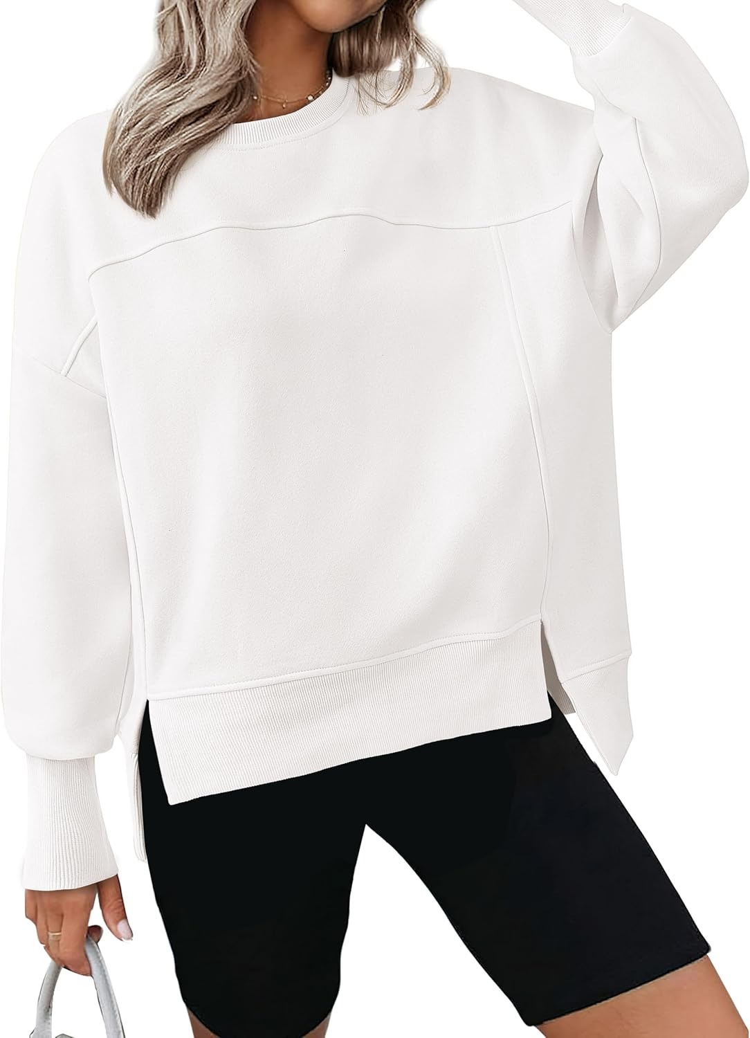 Women's Casual Crewneck Sweatshirts Long Sleeve Side Slit Fleece Pullover Tops(BUY 2 FREE SHIPPING)