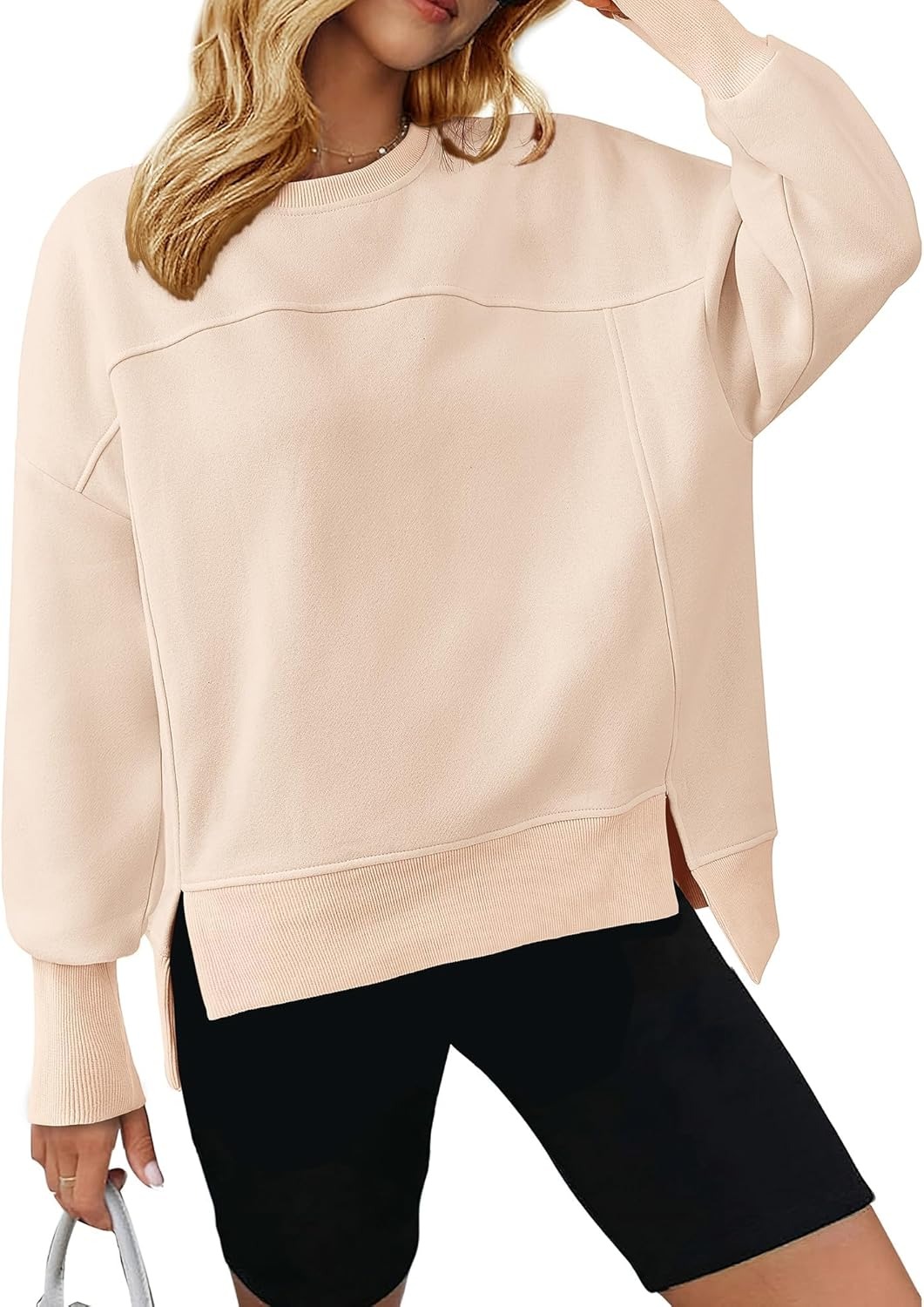 Women's Casual Crewneck Sweatshirts Long Sleeve Side Slit Fleece Pullover Tops(BUY 2 FREE SHIPPING)
