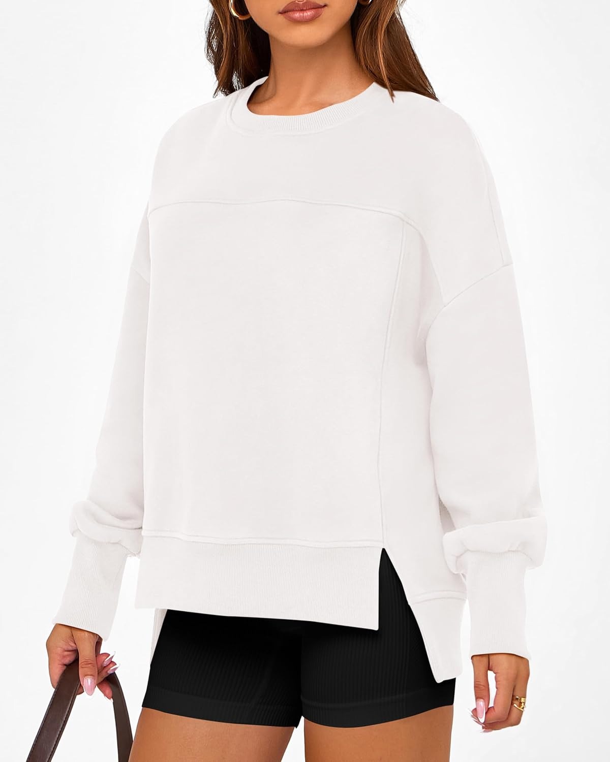 Women's Casual Crewneck Sweatshirts Long Sleeve Side Slit Fleece Pullover Tops(BUY 2 FREE SHIPPING)