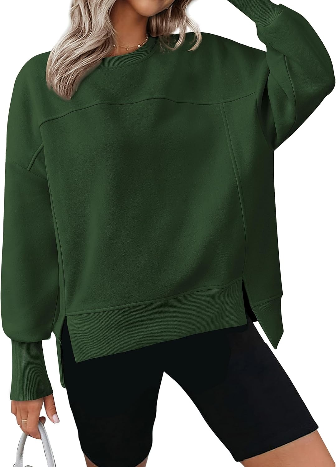 Women's Casual Crewneck Sweatshirts Long Sleeve Side Slit Fleece Pullover Tops(BUY 2 FREE SHIPPING)