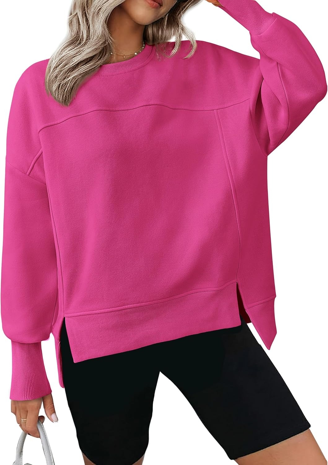 Women's Casual Crewneck Sweatshirts Long Sleeve Side Slit Fleece Pullover Tops(BUY 2 FREE SHIPPING)
