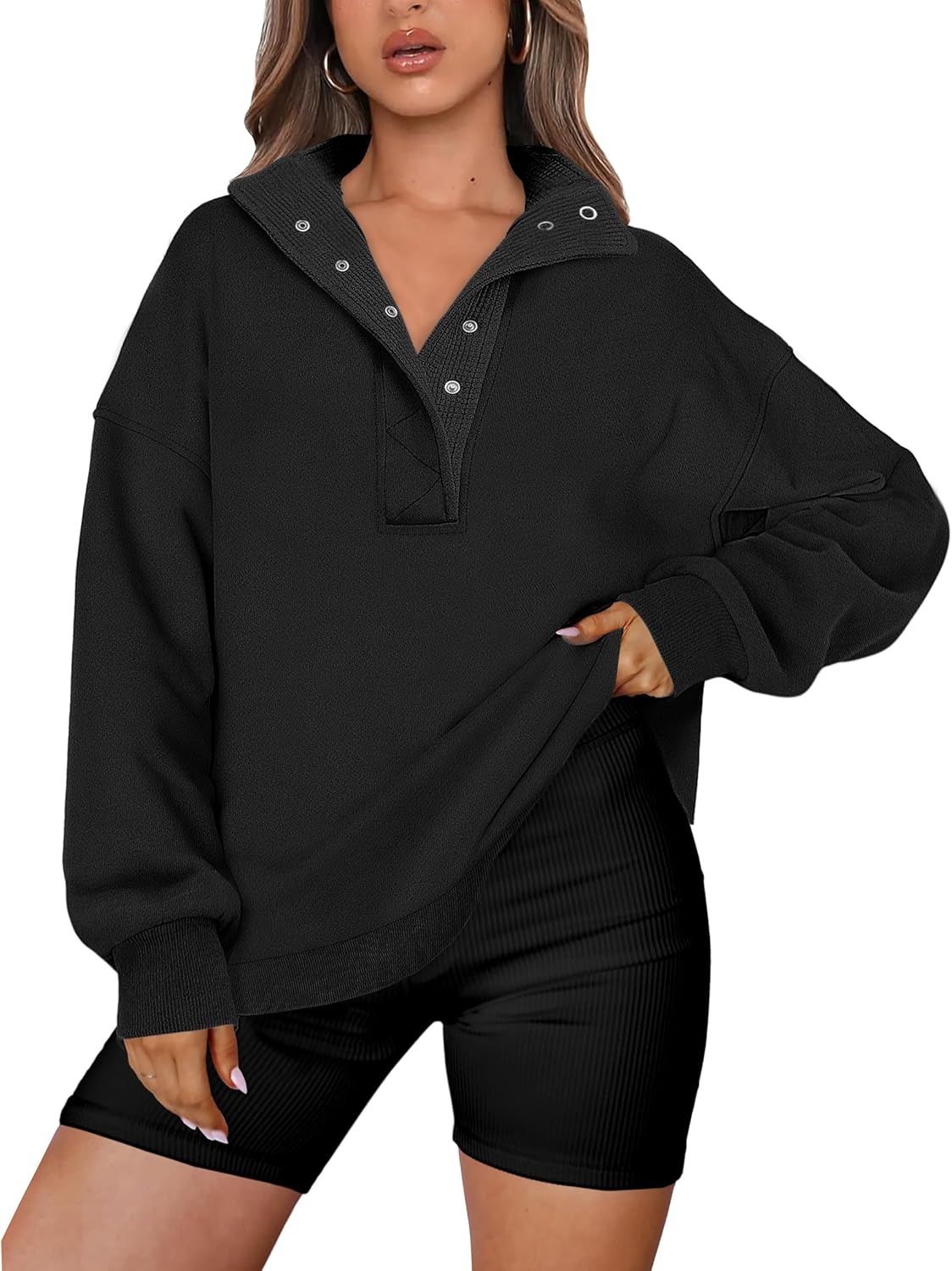 Women's Oversized Button Up Henley Pullover Sweatshirt