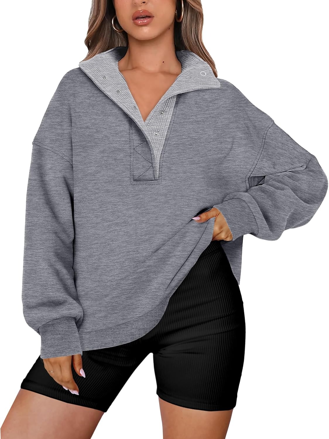 Women's Oversized Button Up Henley Pullover Sweatshirt
